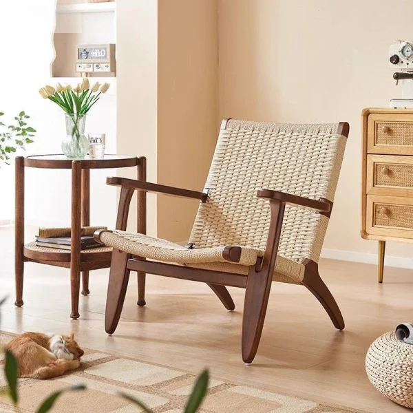 Japanese Wabi-Sabi Style Rope-Woven Backrest Chair - Wooden